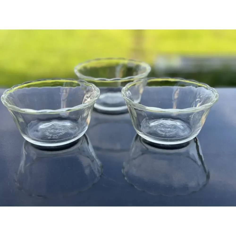 3 Fire King #424 Custard Cups Clear Glass Scalloped‎ Edge 6 oz ramekin